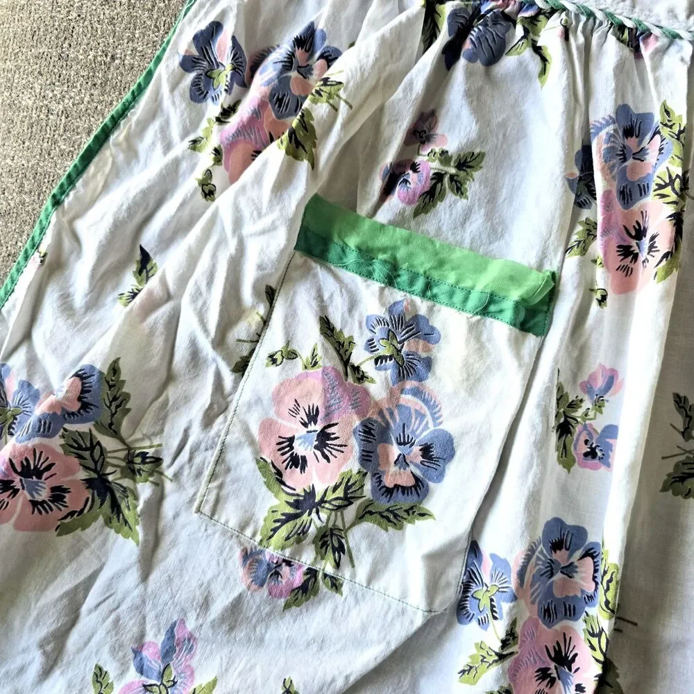 Vintage Floral Half Apron Pansy Print Cotton Retro Kitchen Hostess Pocket OS